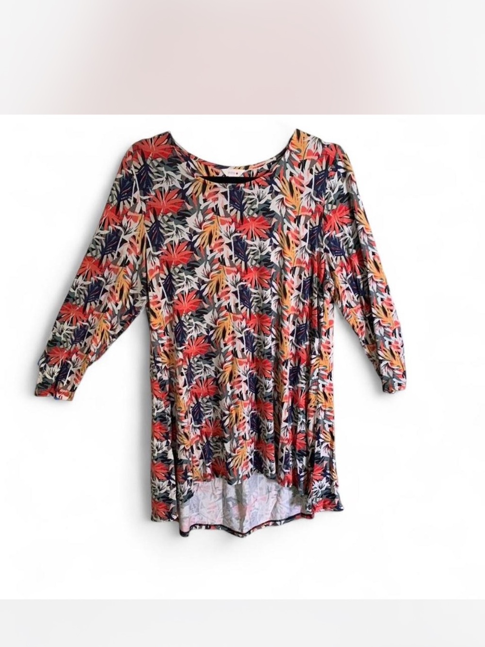 intro. Tropical Leaf Print Tunic Top - Red Navy Cream size M